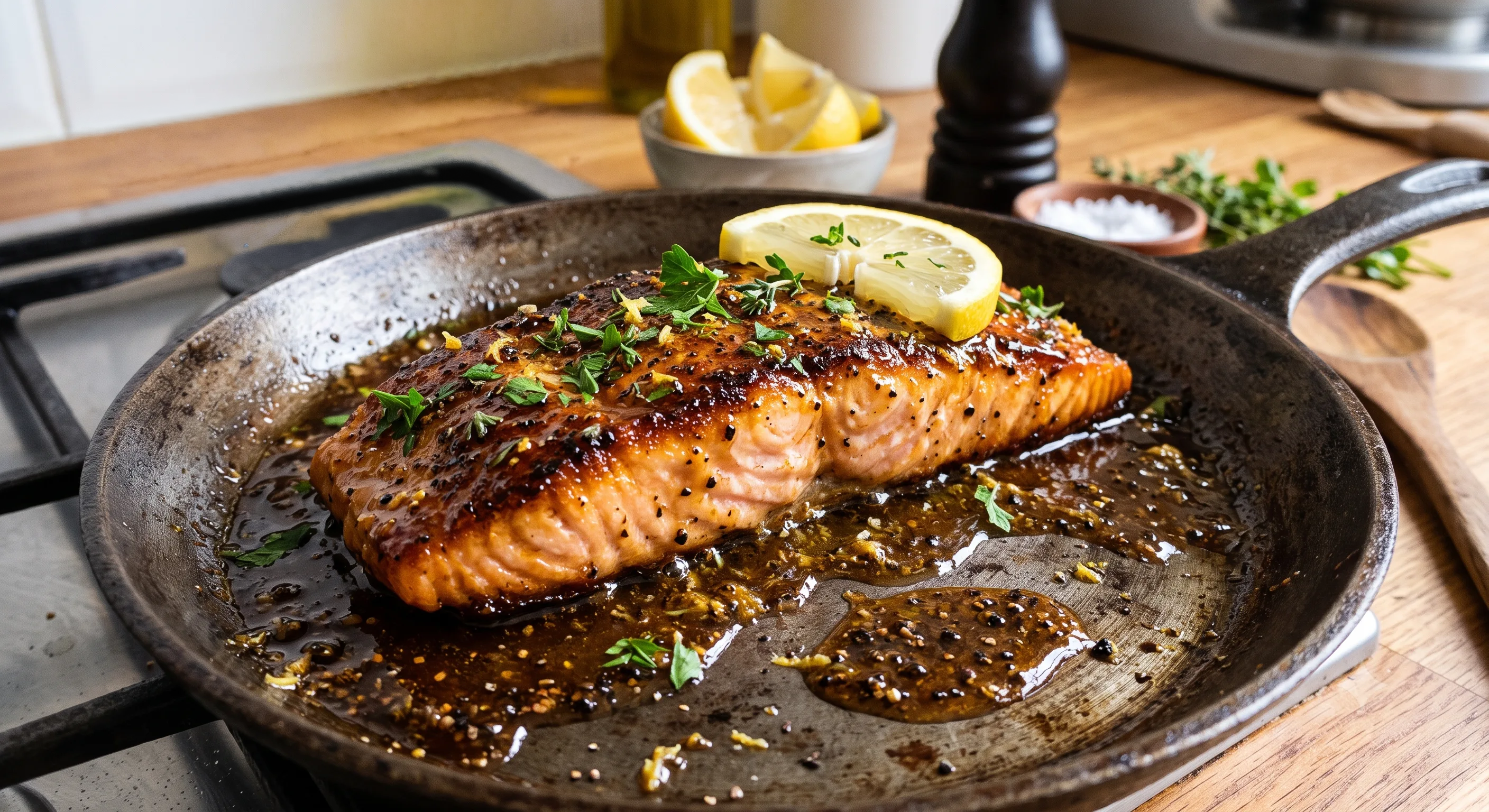 Pan-Seared Salmon with a Lemon Black Pepper Honey Glaze
